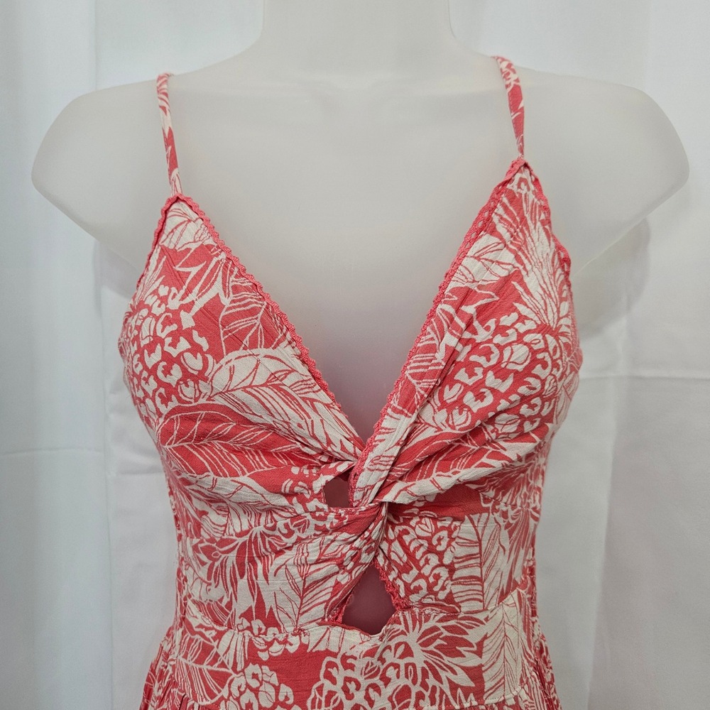 ANGIE Floral Maxi Dress Coral White Twisted Front Tiered Sz S boho peasant READ - Picture 2 of 11